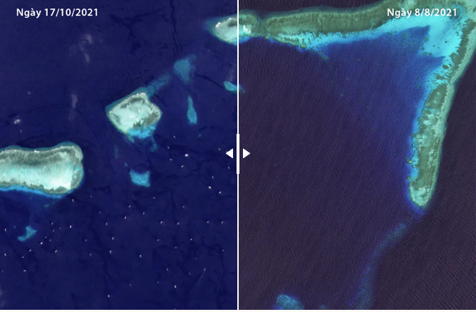 Ảnh vệ tinh cho thấy hàng trăm tàu Trung Quốc (các chấm trắng trên ảnh) quay lại tập trung ở cụm Sinh Tồn Ðông thuộc quần đảo Trường Sa của Việt Nam. Ảnh: AMTI