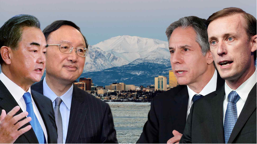 Bốn quan chức ngoại giao Mỹ - Trung tham dự cuộc gặp ở Alaska ngày 19/3. Ảnh: Reuters