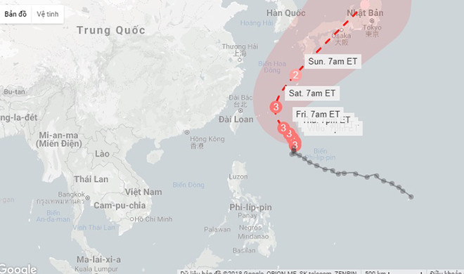 Đường đi dự kiến của siêu bão Trami. Ảnh: CNN. 