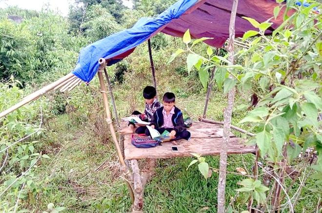 Xồng Bá Dần và Xồng A Thành học trực tuyến trên lán dựng tạm ở bản Mường Lống, xã Tri Lễ, huyện Quế Phong, Nghệ An