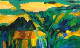 Chiều trung du, chất liệu acrylic trên toan, kích thước 60x80 cm, của nhà văn, họa sĩ Đặng Lưu San. Họa sĩ Đỗ Đức từng nhận xét: “Đặng Lưu San đến với hội họa như một ngã rẽ, một cách tự xé rào như trời xui, đất khiến. Chị là một người viết văn, làm thơ, tự nhiên thấy yêu thích vẽ. Chị vẽ theo cảm xúc, theo trí tưởng tượng của mình về thiên nhiên và những không gian quanh mình. Những núi, những hàng cây, những ngôi nhà lấp ló, những cú bùng phát, xốc xáo của ráng chiều. Những con sóng xanh biển cả nằm trong tâm thức chị tự bao giờ nay có dịp trào ra, rải lên toan theo cảm xúc màu”