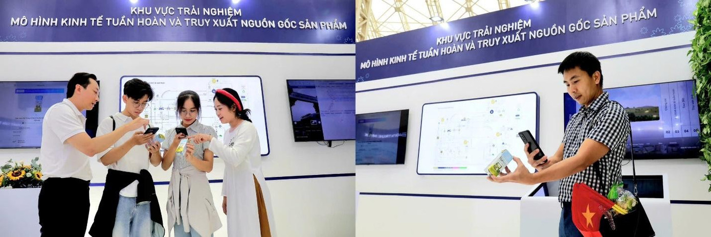 Khách tham quan triển lãm hào hứng trải nghiệm truy xuất nguồn gốc từng sản phẩm TH true MILK