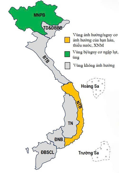 Bản đồ Việt Nam phân theo khu vực bị ảnh hưởng bởi ngập úng và nguy cơ thiếu nước hạn hán. Bản đồ Việt Nam phân theo khu vực bị ảnh hưởng bởi ngập úng và nguy cơ thiếu nước hạn hán.