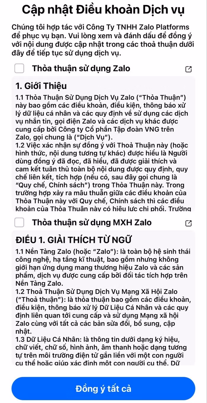 Zalo vừa cập nhật điều khoản dịch vụ mới