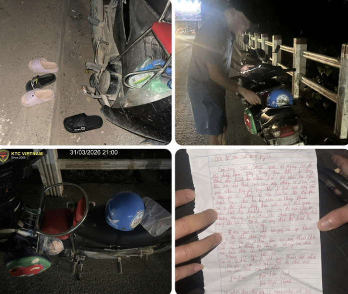 Chiếc xe máy cùng bức thư để lại trên cống. Ảnh: V.T.