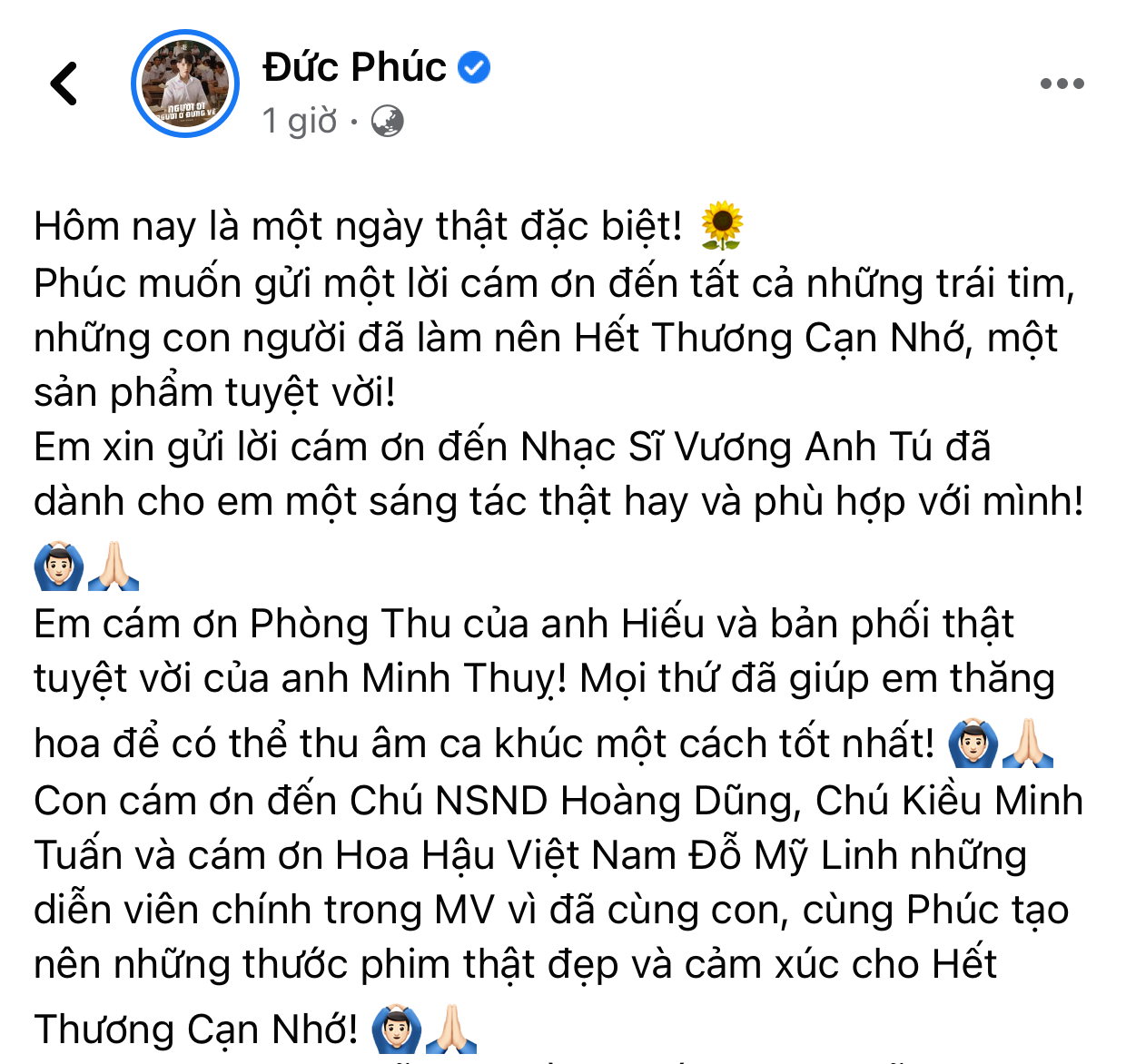 Đức Phúc gửi lời tri ân đến cố NSND Hoàng Dũng cũng như ê-kíp thực hiện MV "Hết Thương Cạn Nhớ" đạt 100 triệu lượt xem, Đức Phúc gửi lời tri ân đến cố NSND Hoàng Dũng ảnh 2