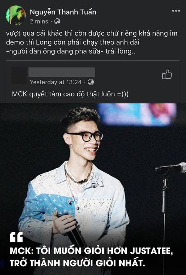 Chia sẻ hài hước của JustaTee trước phát ngôn của "đàn em" JustaTee nói gì khi MCK tuyên bố muốn giỏi hơn mình, trở thành người giỏi nhất? ảnh 2