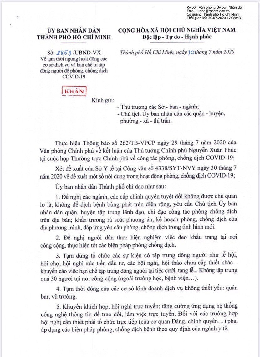 Thời gian áp dụng các biện pháp nêu trên bắt đầu áp dụng từ 0h ngày 31/7/2020 cho đến khi có thông báo mới. Khẩn: Kể từ ngày 31/7, TP.HCM yêu cầu không tụ tập quá 30 người, tạm dừng các sự kiện ảnh 1