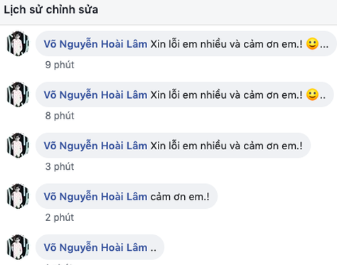 Nam ca sĩ có tổng cộng 5 lần chỉnh sửa trước khi xóa bình luận. Hotgirl Bảo Ngọc thông báo chia tay Hoài Lâm, dặn chồng “cố gắng đừng phạm sai lầm“ ảnh 6
