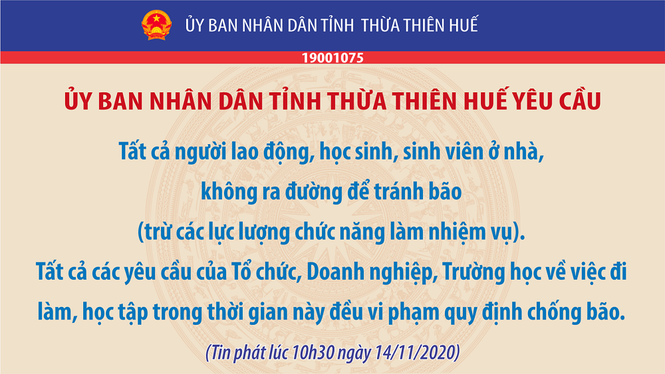 UBND tỉnh Thừa Thiên - Huế ra thông báo chống bão số 13. Ảnh: Tin tức Huế. Thừa Thiên - Huế: Trạm xe buýt bị hư hại, cây xà cừ trăm tuổi bật gốc vì bão số 13 ảnh 1