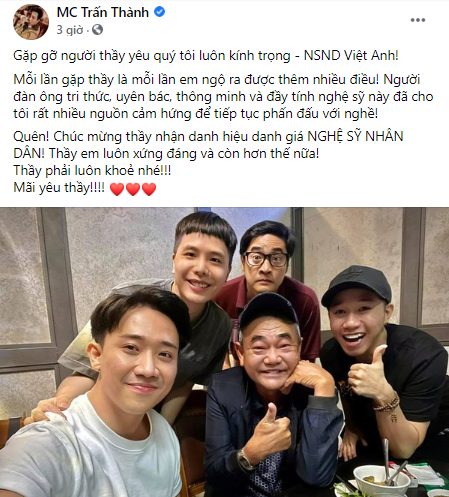 Trấn Thành chia sẻ hình ảnh chụp cùng người thầy đáng kính. NSND Việt Anh hội ngộ đàn em Trấn Thành sau ồn ào với Cát Phượng ảnh 1