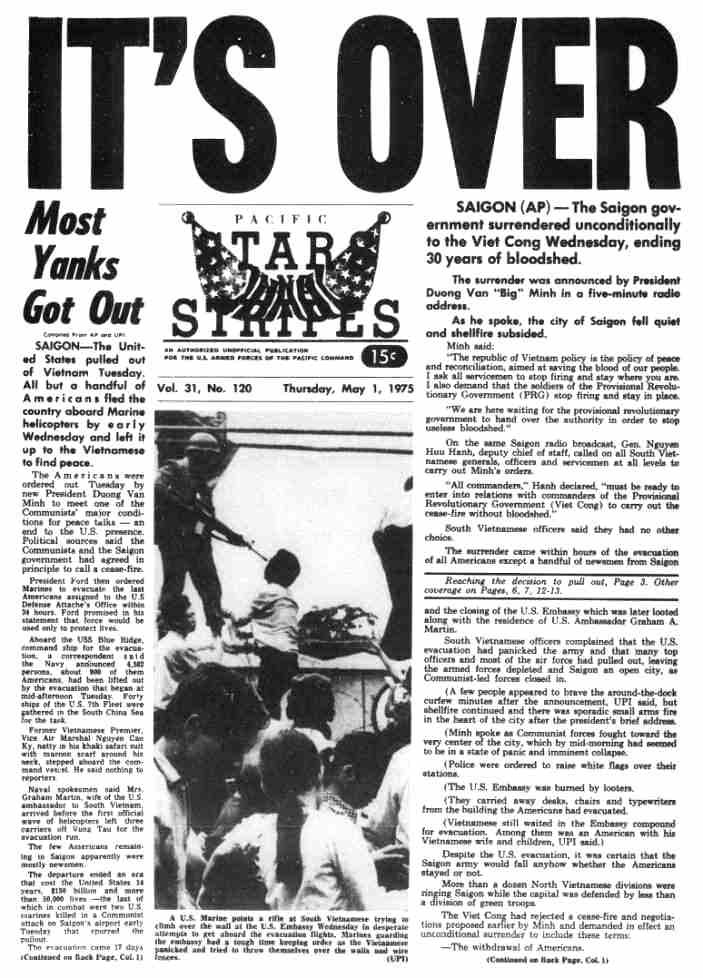 Báo Mỹ Stars and Stripes ngày 1/5/1975 đăng bài của hãng tin Mỹ AP với tiêu đề “Kết thúc”. Thủy quân lục chiến Mỹ công bố video về Chiến dịch Gió lốc ảnh 1