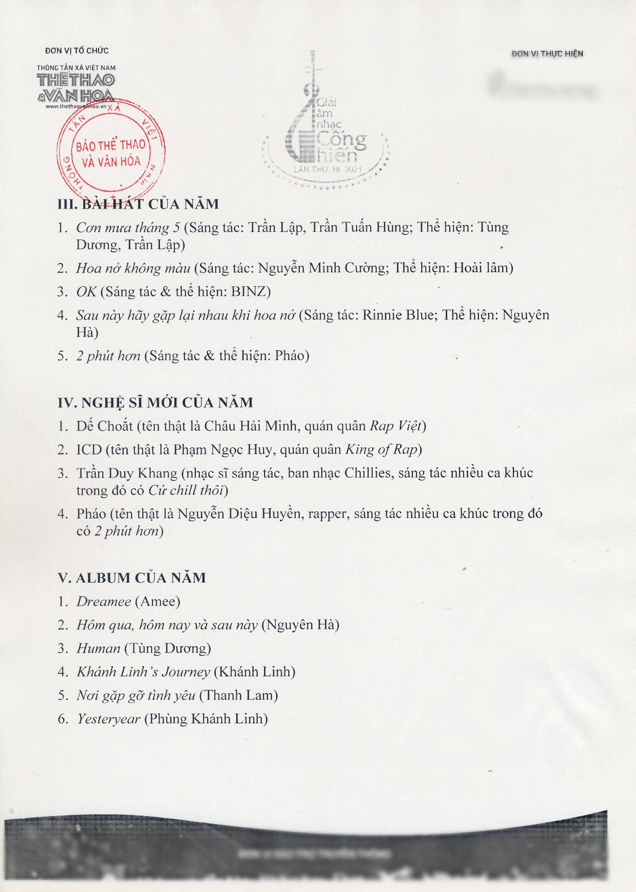 Danh sách đề cử Bài hát của năm, Nghệ sĩ mới của năm, Album của năm tại Âm nhạc Cống hiến lần thứ 16. Dế Choắt “Rap Việt” và ICD “King of Rap” cạnh tranh giải “Nghệ sĩ mới của năm“ ảnh 3