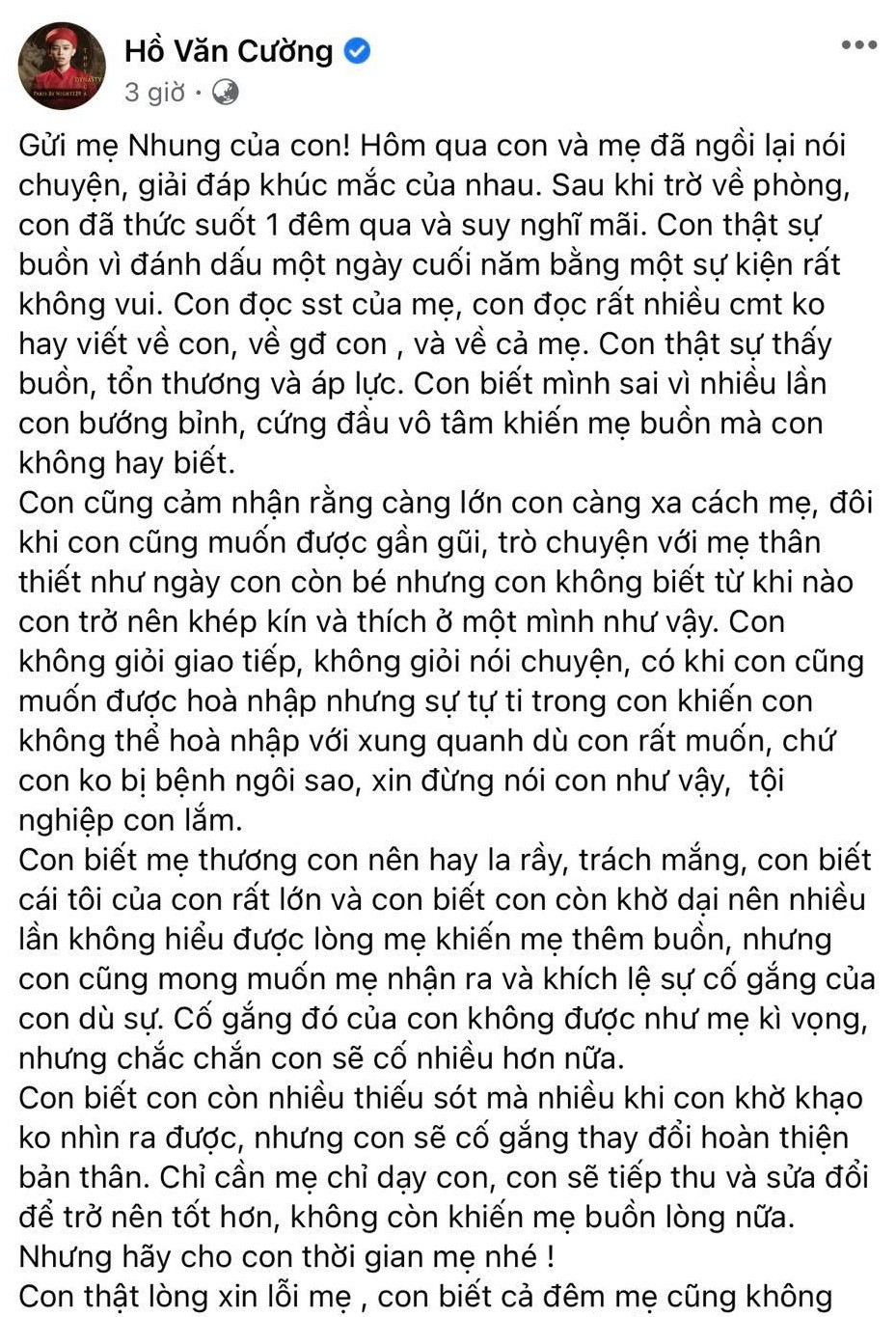 Bài viết dài của Hồ Văn Cường khi khiến mẹ phải buồn lòng. Hồ Văn Cường xin lỗi Phi Nhung, khẳng định không mắc bệnh ngôi sao như mẹ nuôi nghĩ ảnh 1