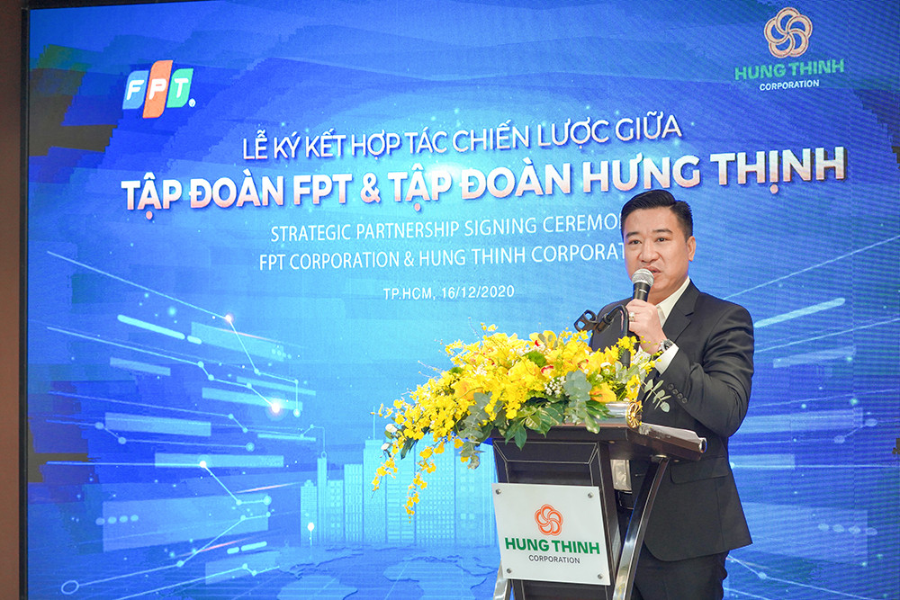 Ông Nguyễn Đình Trung phát biểu tại buổi lễ Tập đoàn Hưng Thịnh ký kết hợp tác chiến lược cùng Tập đoàn FPT ảnh 2