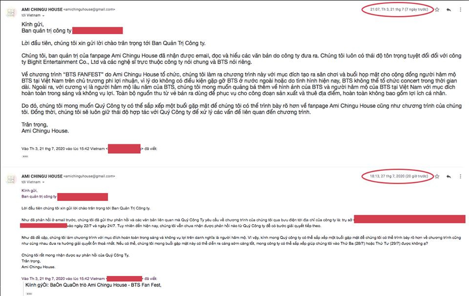 Các email trao đổi giữa Ami Chingu House và công ty pháp lý được sự uỷ quyền của BigHit Entertainment (Ảnh: Ami Chingu House) BTC “BTS FANFEST 2020” chính thức đưa ra phản hồi sau khi bị Big Hit nhắc nhở ảnh 3
