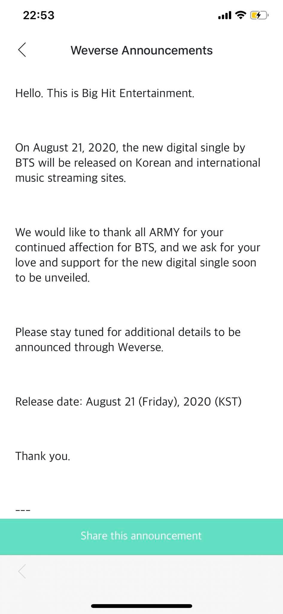 Ngay sau màn tự thông báo comeback "bá đạo" của BTS, Big Hit đã xác nhận trên Weverse. NÓNG: BTS tự thông báo ngày ra sản phẩm âm nhạc mới, ARMY sắp có quà rồi này! ảnh 2
