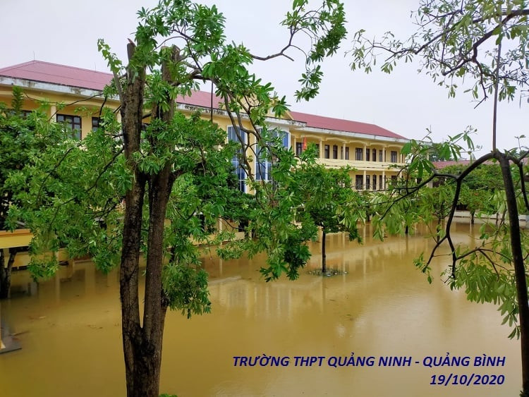 Trường THPT Quảng Ninh ngập trong nước lũ ngày 19/10/2020. (Ảnh: Facebook thầy Hà Quý) Tâm thư thầy Hiệu trưởng vùng lũ gửi học trò: Ngày trở lại trường, hãy học bằng trái tim! ảnh 2