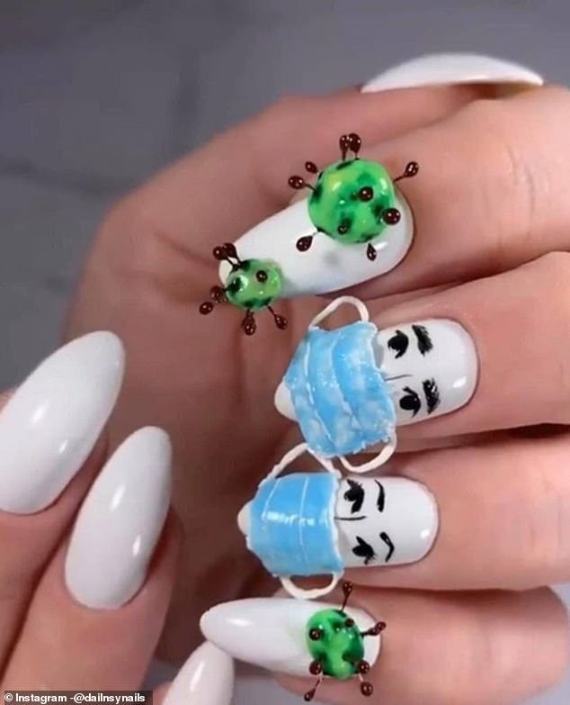 Thế này thì ai chơi lại đây. (Ảnh: dailnsynails) Hội chị em “đu trend” làm đẹp mùa dịch Covid-19, “gắn” virus... lên móng tay ảnh 6