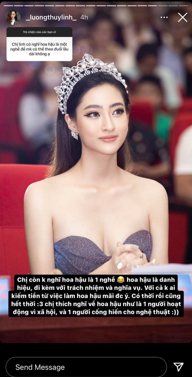 Lương Thuỳ Linh không xem hoa hậu là một nghề. Lương Thùy Linh cho rằng hoa hậu không phải là một nghề, không quan niệm điểm số là tất cả ảnh 2