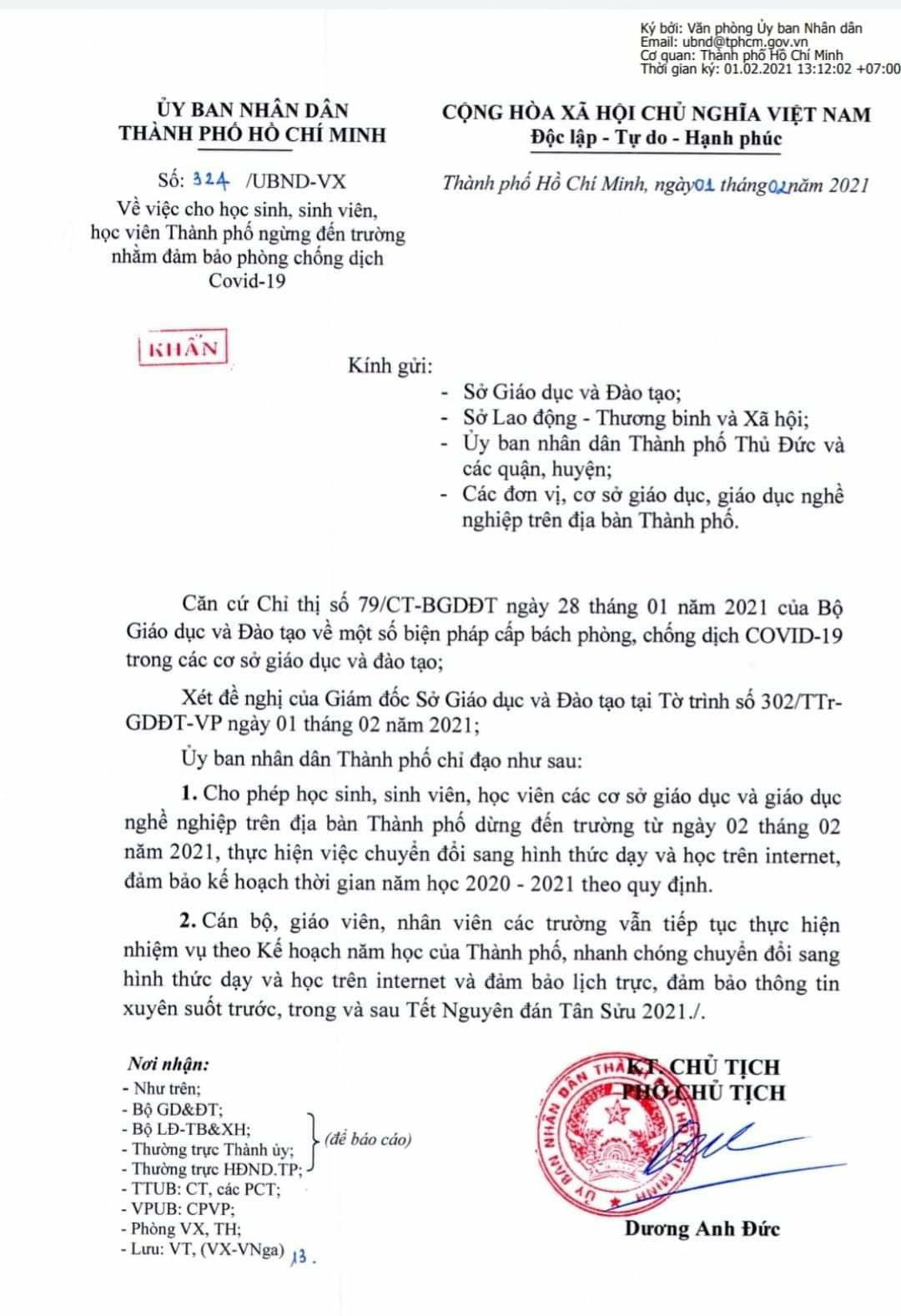 Công văn chính thức của Ủy ban Nhân dân về việc cho học sinh, sinh viên TP.HCM dừng đến trường. Ảnh: Sở GD&ĐT TP.HCM Học sinh - sinh viên TP.HCM chính thức nghỉ Tết sớm từ ngày 2/2, hoãn hủy các lễ hội Xuân ảnh 1