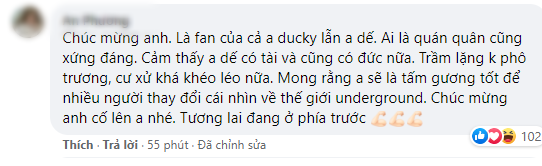 Bình luận của khán giả chúc mừng Dế Choắt đã trở thành Quán quân Rap Việt mùa đầu tiên. Khán giả Rap Việt: Cả sân khấu gọi tên G.Ducky, đọc tên Quán quân xong im phăng phắc? ảnh 4