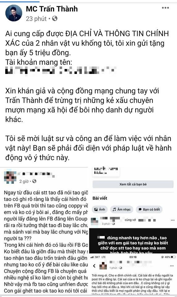 Phản ứng quyết liệt của Trấn Thành khi biết được tài khoản Facebook cá nhân của hai người tung tin đồn. (Ảnh chụp màn hình). Trấn Thành có động thái mạnh tay trước tin đồn gây ảnh hưởng đến danh tiếng ảnh 3