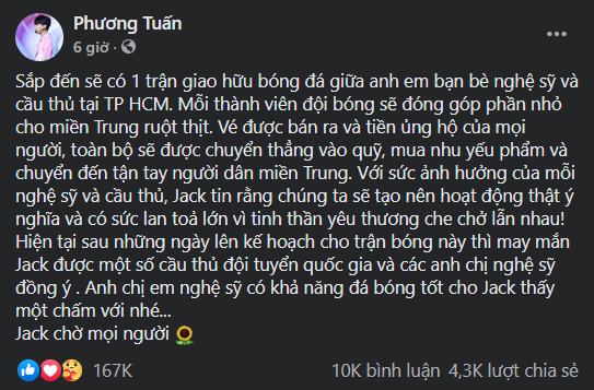 Ảnh: FBNV Chung tay với fan, Jack tìm đồng đội tham gia trận bóng gây quỹ ủng hộ người dân vùng lũ ảnh 1