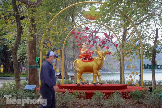 Đào bung sắc bên những thảm hoa rực rỡ quanh hồ Hoàn Kiếm ngày cận Tết ảnh 16