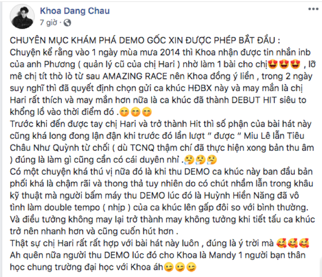 Bài đăng trên Facebook cá nhân của Châu Đăng Khoa Châu Đăng Khoa tiết lộ danh tính 2 nữ ca sĩ từng từ chối hit đầu tay của Hari Won ảnh 1