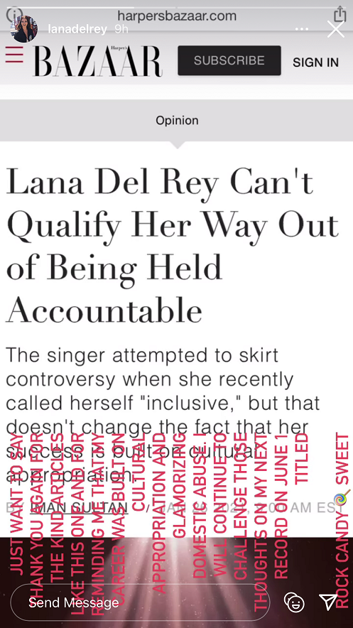 Lana vô cùng bức xúc trước những đánh giá của cây viết Iman Sultan. Lana Del Rey “bắt chước” Taylor Swift phát hành 2 album chỉ trong chưa đầy nửa năm? ảnh 2