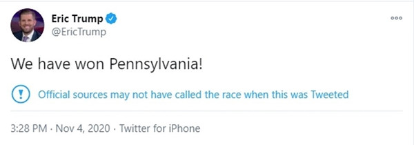 Trước đó, Eric Trump cũng từng bị Twitter gắn cảnh cáo khi đăng tweet là họ đã chiến thắng ở bang Pennsylvania trong khi chưa nguồn tin chính thức nào xác nhận. Bầu cử có kết quả rồi mới kêu gọi đi bỏ phiếu, con trai Tổng thống Trump bị “troll” mạnh ảnh 3