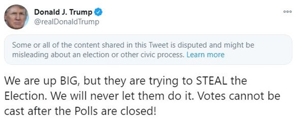 Dòng cảnh cáo quen thuộc mà Twitter vẫn hay gắn vào tweet của Tổng thống Trump. Ảnh: Twitter. Chỉ vì Tổng thống Trump đăng rằng mình đã thắng, Twitter phải tạo ra một cảnh báo mới tinh ảnh 2