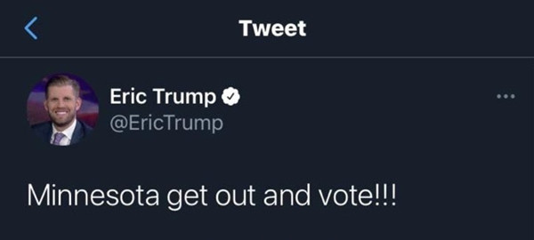 Con trai của Tổng thống Trump bỗng nhiên kêu gọi mọi người đi bỏ phiếu trong khi cuộc bầu cử đã có kết quả từ tuần trước. Bầu cử có kết quả rồi mới kêu gọi đi bỏ phiếu, con trai Tổng thống Trump bị “troll” mạnh ảnh 1
