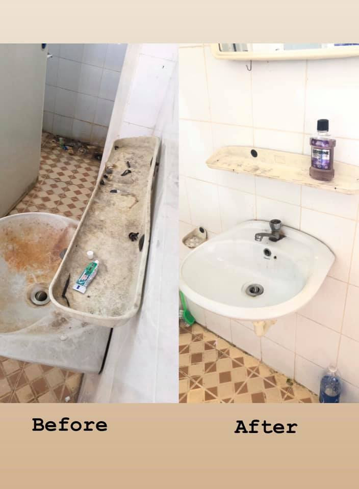 Những hình ảnh của WC khu cách ly trước và sau khi Đức Anh "ra tay". Ảnh: Facebook Louis Hoang Sẵn chuyên môn ngành Khách sạn, cậu bạn này lao vào dọn WC khu cách ly sạch bong như mới ảnh 1