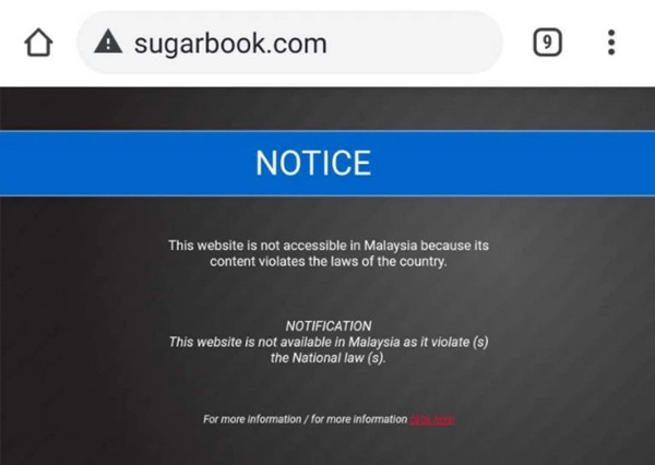 Trang web Sugarbook bị cấm ở Malaysia. Ảnh: Sugarbook. CEO ứng dụng hẹn hò tìm “sugar daddy” bị bắt, phương châm “tình đi đôi với tiền” sụp đổ ảnh 3