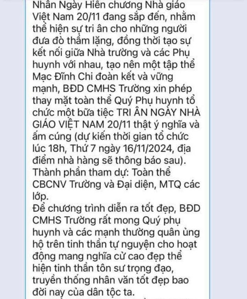 Tin nhắn được cho là của một thành viên trong Ban đại diện CMHS Trường THCS Mạc Đĩnh Chi. Tin nhắn được cho là của một thành viên trong Ban đại diện CMHS Trường THCS Mạc Đĩnh Chi.