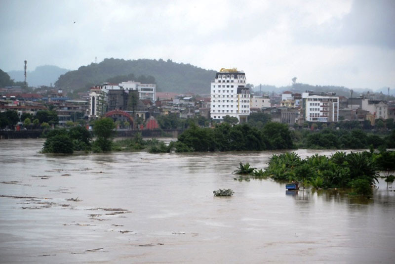 Lũ ngập bãi soi nắm giữa sông Hồng, đoạn chảy qua TP Lào Cai.