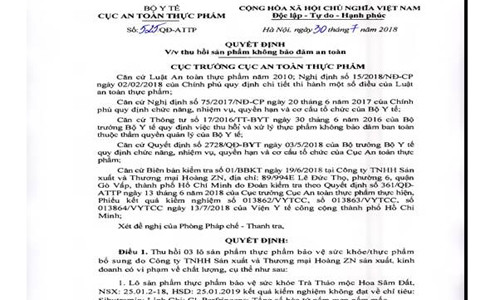 Thu hồi sản phẩm không bảo đảm an toàn của Công ty TNHH Hoàng ZN