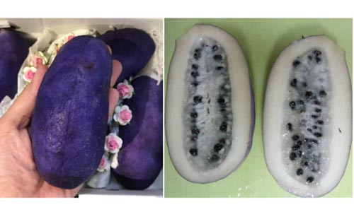 Quả Akebi bên ngoài và bên trong chụp tại một cửa hàng ở Việt Nam.