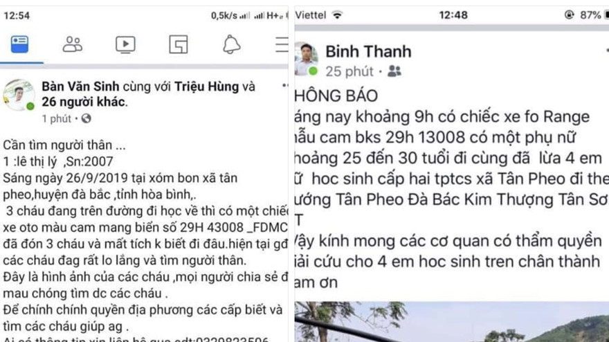 Thông tin, hình ảnh sai sự thật về việc 3 cháu gái bị mất tích đăng trên trang mạng xã hội.