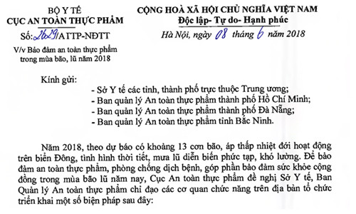 Bảo đảm an toàn thực phẩm trong mùa bão, lũ năm 2018