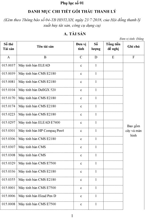 Thông báo bán đấu giá thanh lý tài sản, công cụ dụng cụ hỏng