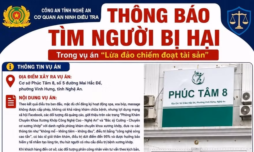 Công an Nghệ An tìm người từng ‘điều trị xương khớp’ tại cơ sở Phúc Tâm 8