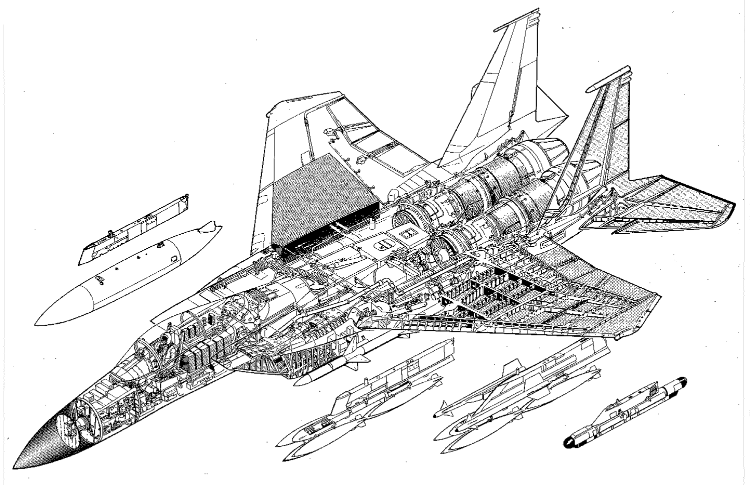 Bản vẽ cấu tạo của F-15. Ảnh: drawing Bản vẽ cấu tạo của F-15. Ảnh: drawing