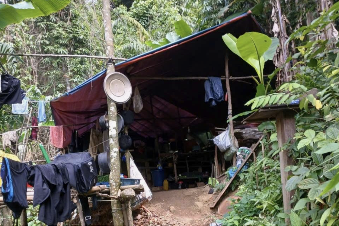 Lán trại của "vàng tặc" dựng trong rừng phòng hộ đầu nguồn sông Bến Hải, Quảng Trị để khai thác vàng trái phép. Ảnh: BQL vang-tac-trong-rung-phong-ho-ben-hai-2.png