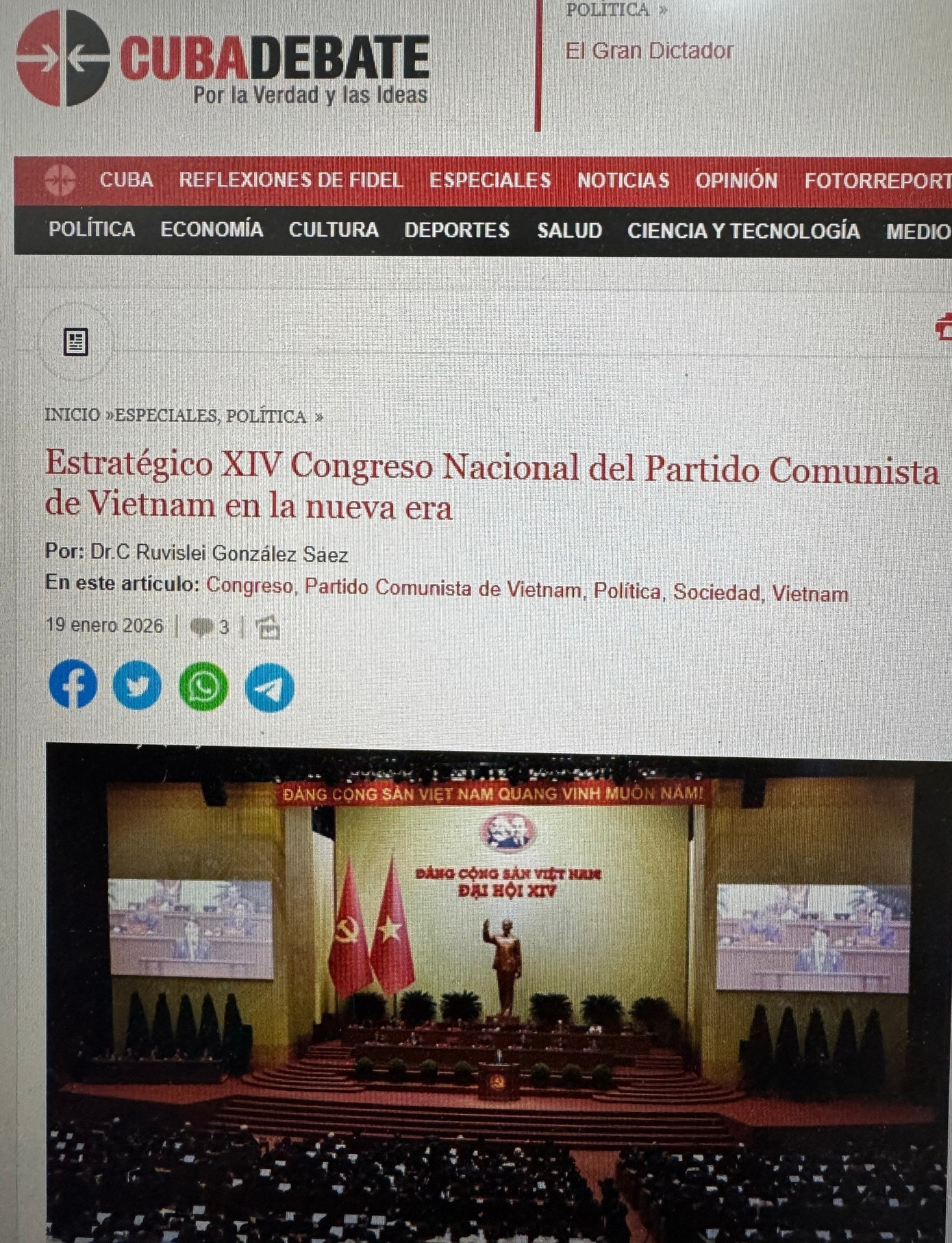 Báo Cubadebate đưa tin về Đại hội XIV của Đảng Cộng sản Việt Nam. (Ảnh chụp màn hình: Việt Hùng/TTXVN)