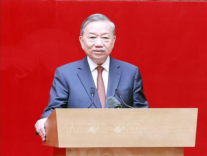 Tổng Bí thư Tô Lâm phát biểu tại buổi gặp mặt cán bộ Công an cấp cao nghỉ hưu. Ảnh: Thống Nhất/ TTXVN