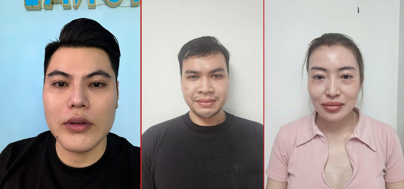 Trường, Tú và Linh (từ trái qua) tại cơ quan điều tra. Ảnh: CA nhom-bac-si-dom-chuyen-truyen-nuoc-cat-vitamin-lua-hon-17-ti-dong-o-hcm-3804-4243jpg.jpg