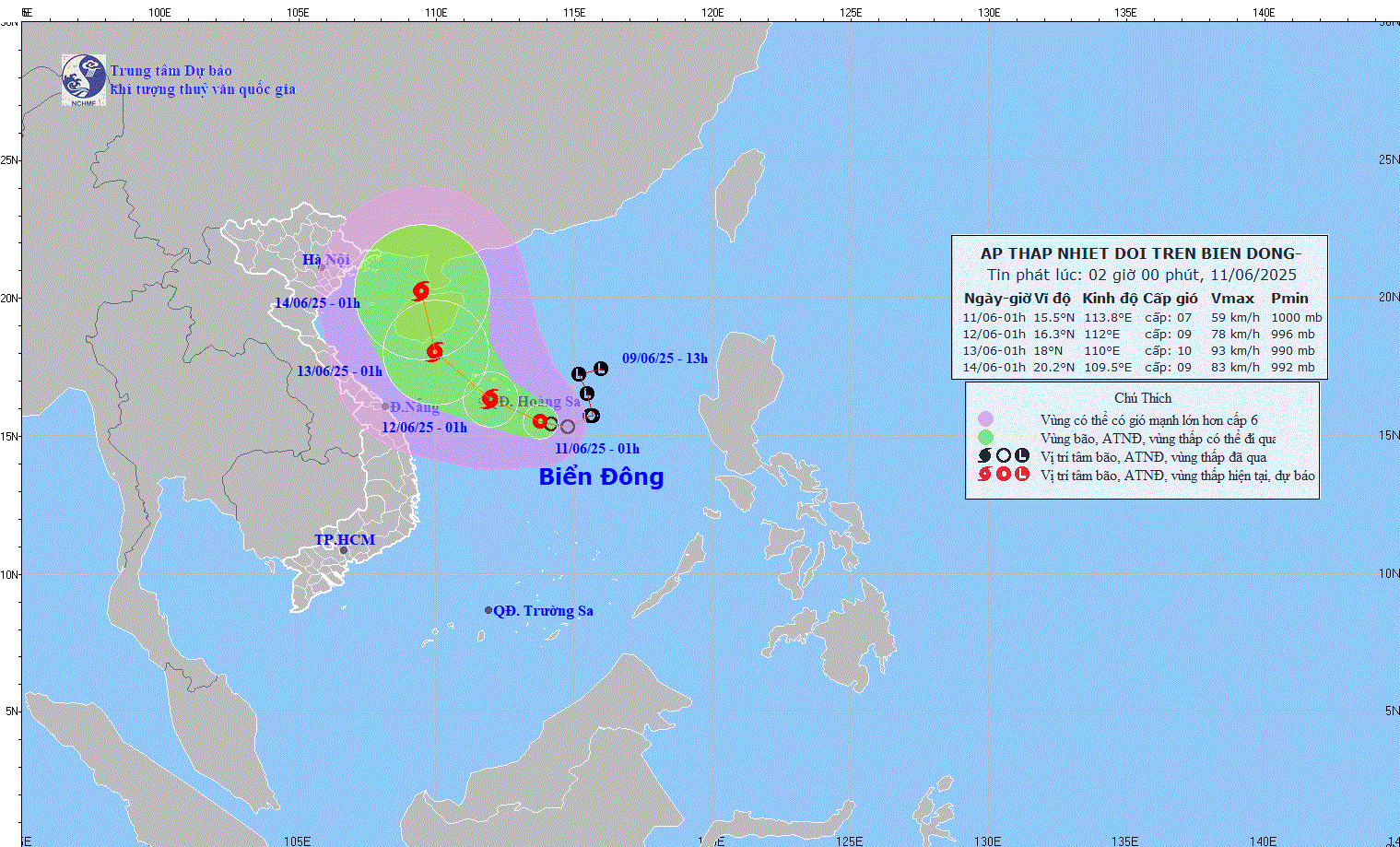 Bản đồ dự báo hướng di chuyển của áp thấp nhiệt đới. Nguồn: Trung tâm Dự báo Khí tượng Thủy văn quốc gia Bản đồ dự báo hướng di chuyển của áp thấp nhiệt đới. Nguồn: Trung tâm Dự báo Khí tượng Thủy văn quốc gia